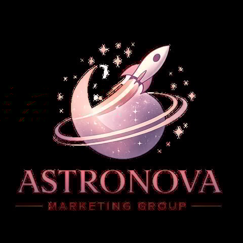 Astronova Marketing Group logo featuring a rocket launching from a pink and purple planet with orbiting rings and stars on black background